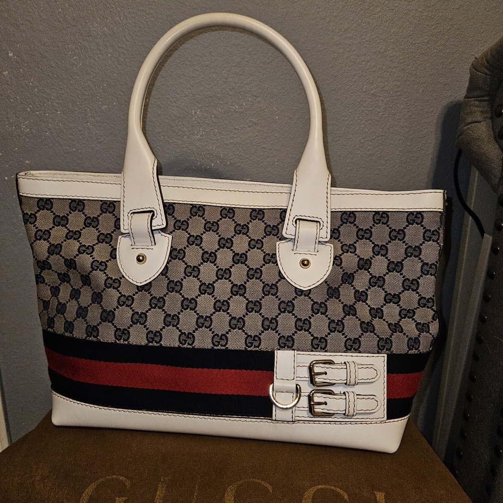Gucci Brown and White Tote Bag with Monogram Canvas